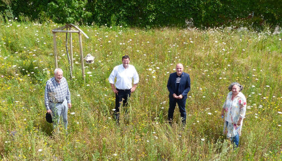 Auf der Blühwiese vor dem Rathaus Plankstadt: Jürgen Kegler, Nils Drescher, Daniel Born, Jutta Schneider (vlnr)